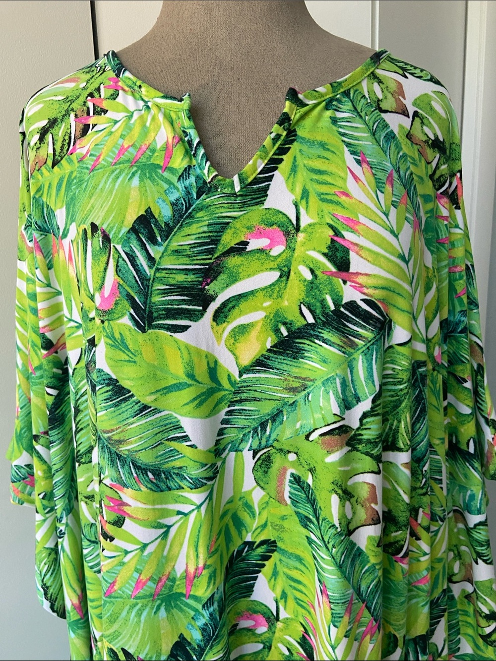 Tropical Leaf Print Maxi Caftan - Green One Size